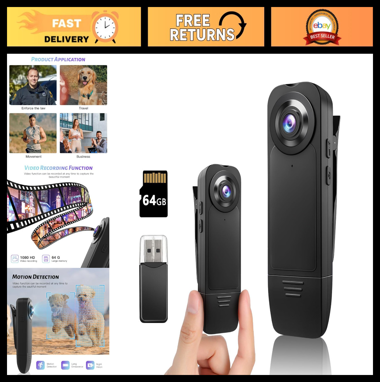 Mini Body Camera with Audio & Video, 64GB Wearable POV Cam, Night Vision Securit