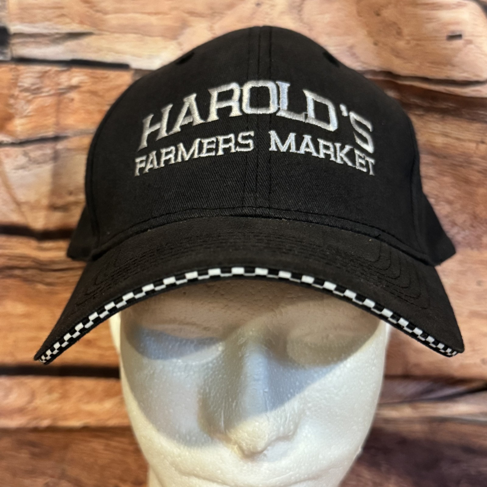 Harold's Farmers Market Black Baseball Cap Hat Falcon Headwear Checker Trim