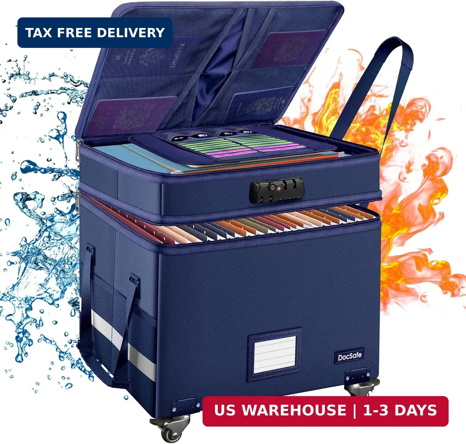 File Box with Lock, 2-Layer Fireproof Document Box with Wheels,Collapsib