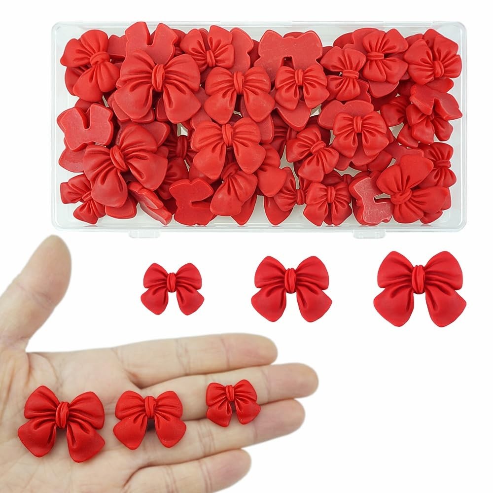 60 PCS Red Resin Bows Flat Back Bow Charms Bulk Embellishments Crafts Scrap