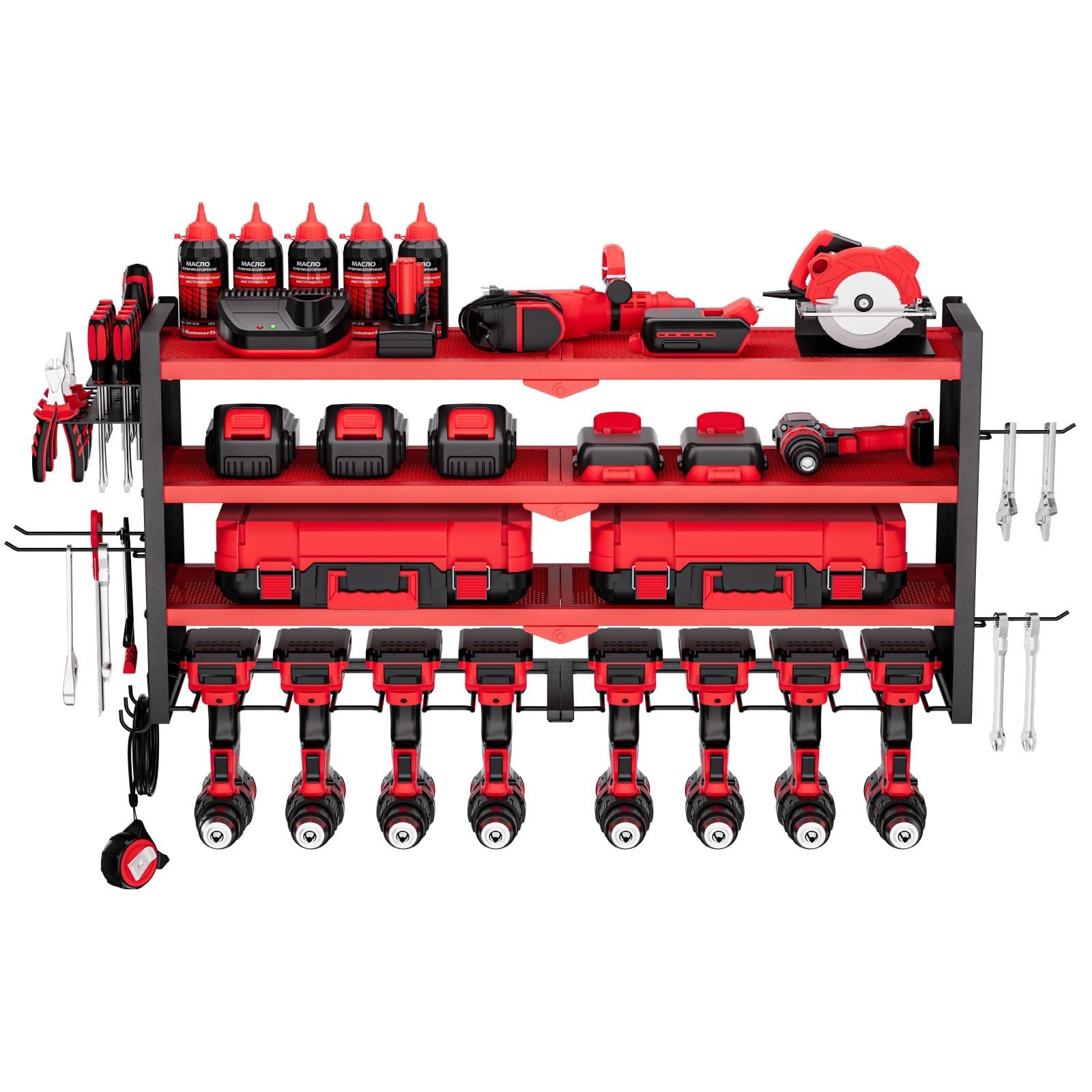 4-Layer Wall Mount Tool Organizer Rack with 8 Drill Holders & Side Pegboards - G