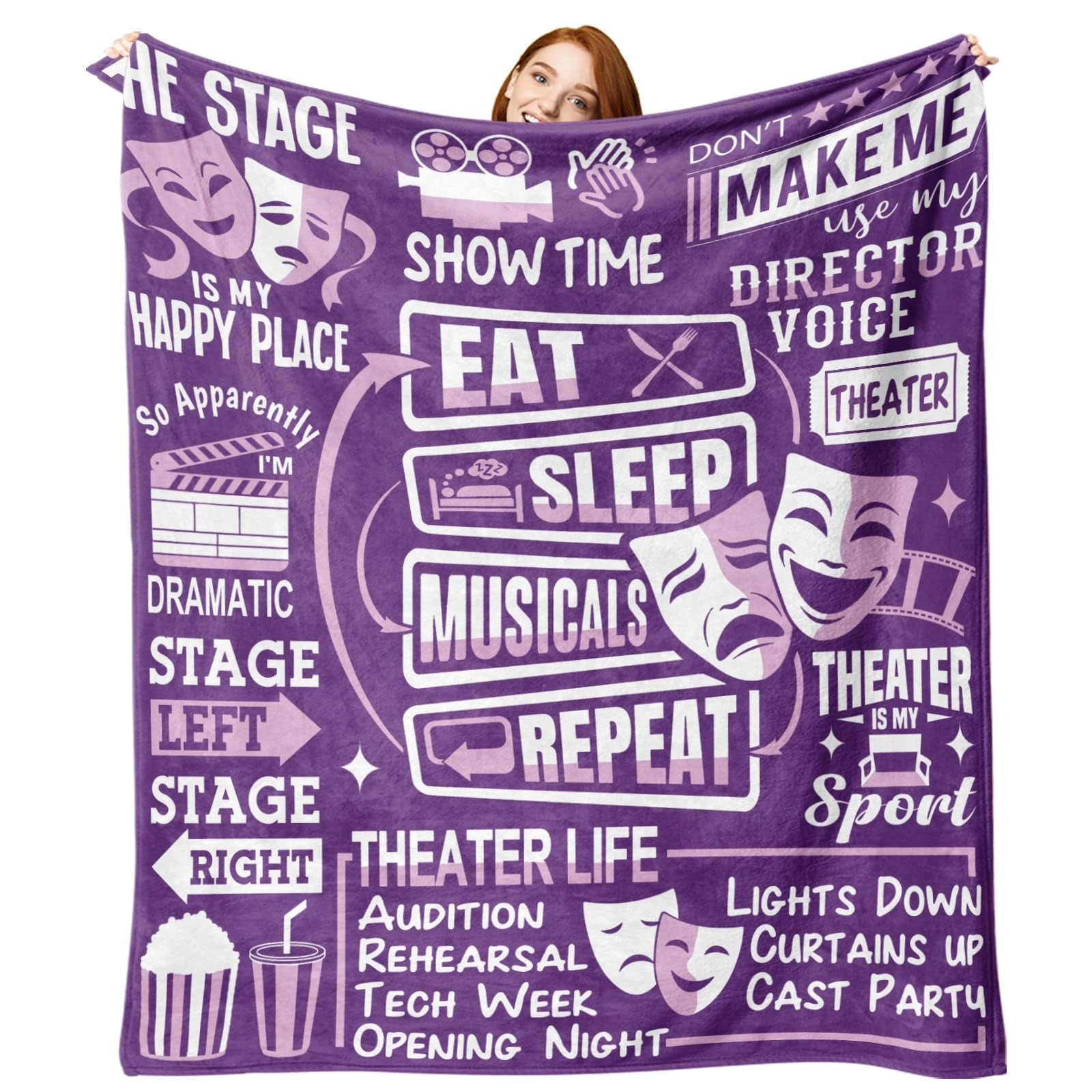 Theater Gifts Flannel Throw Blanket, Eat Sleep Musicals Repeat Present for Br...