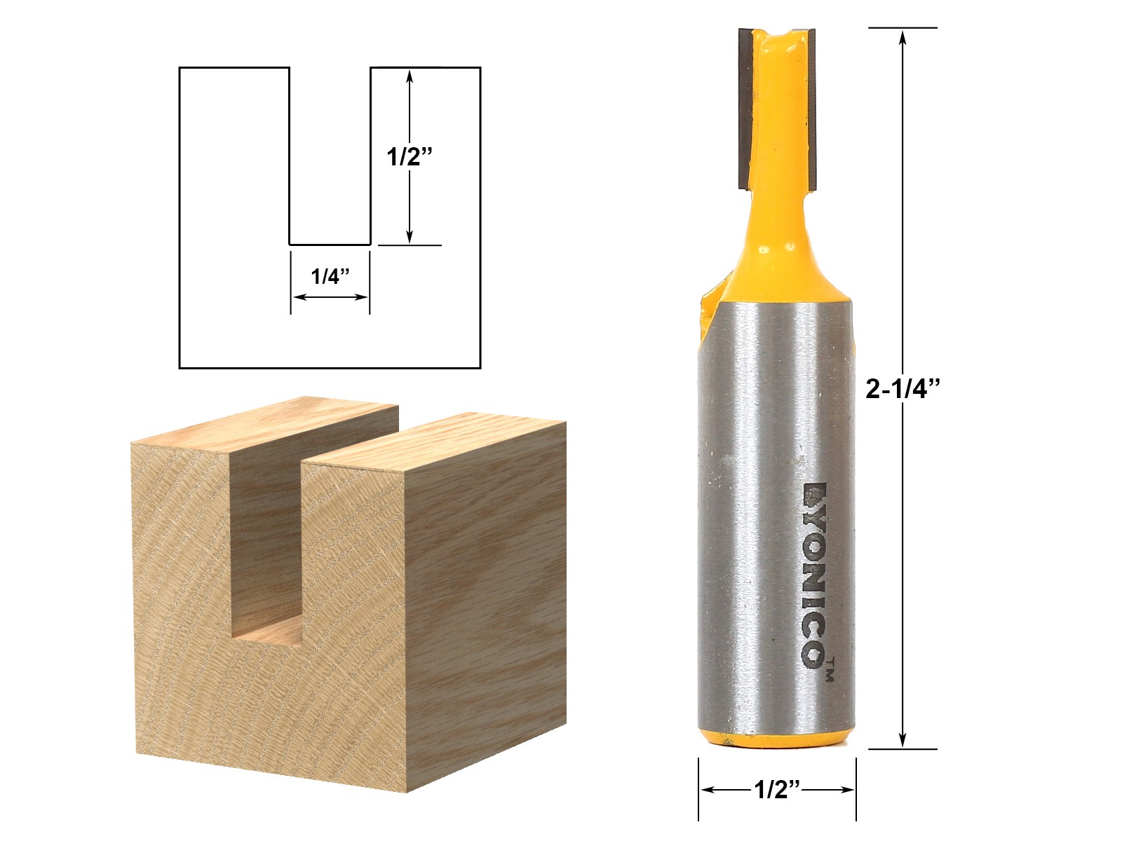 1/4" Diameter X 1/2" Height Straight Router Bit - 1/2" Shank - Yonico 14155