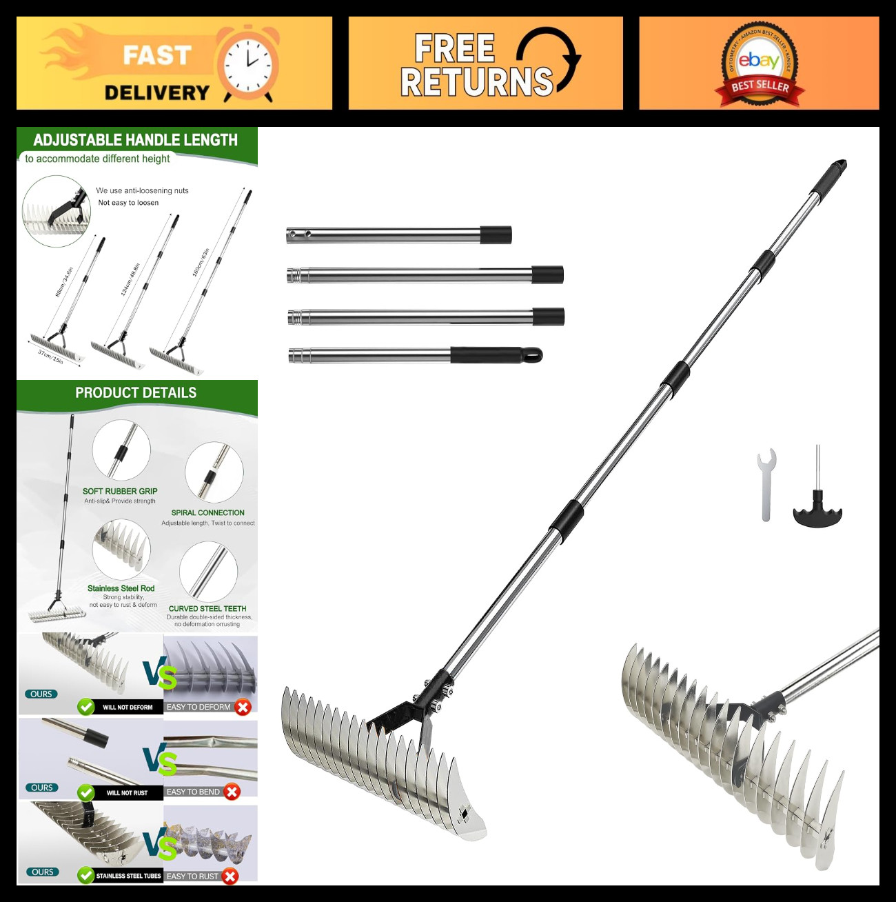 Adjustable Heavy Duty Thatch Rake - Lawn Dethatcher & Soil Rake for Garden Yard