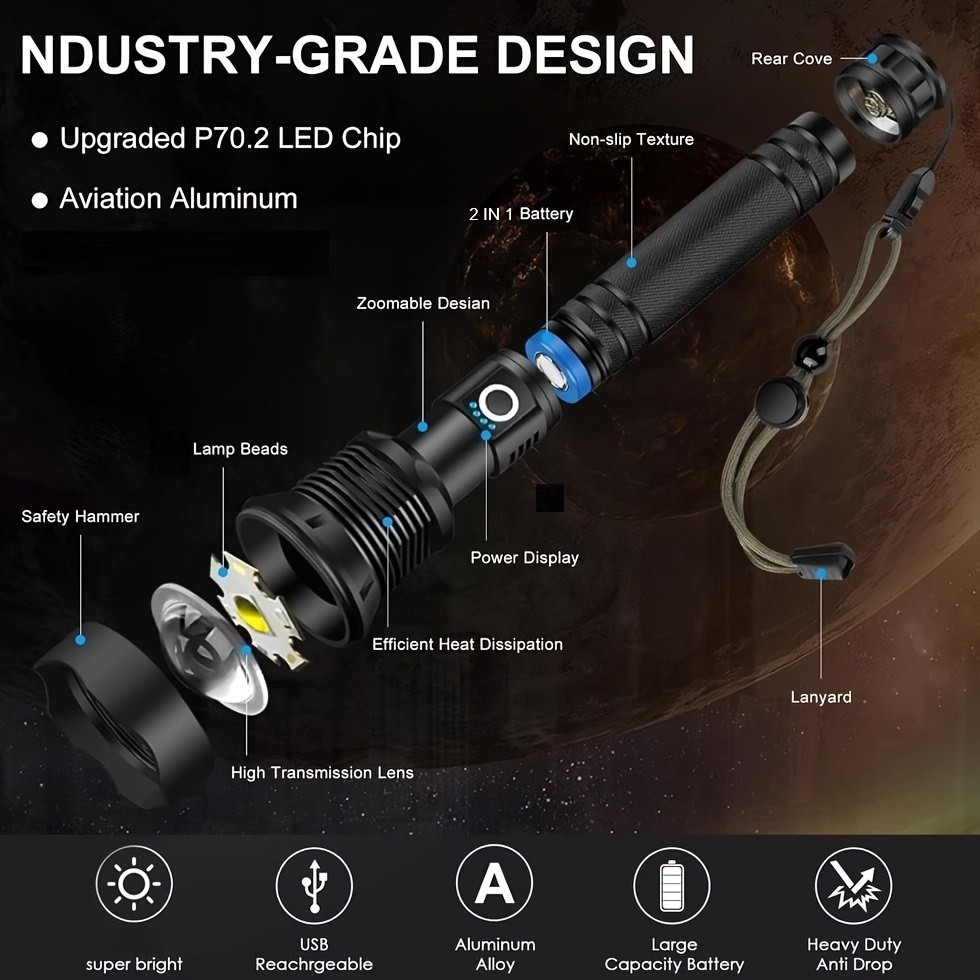 rechargeable flashlight, high-lumen tactical flashlight, aluminum