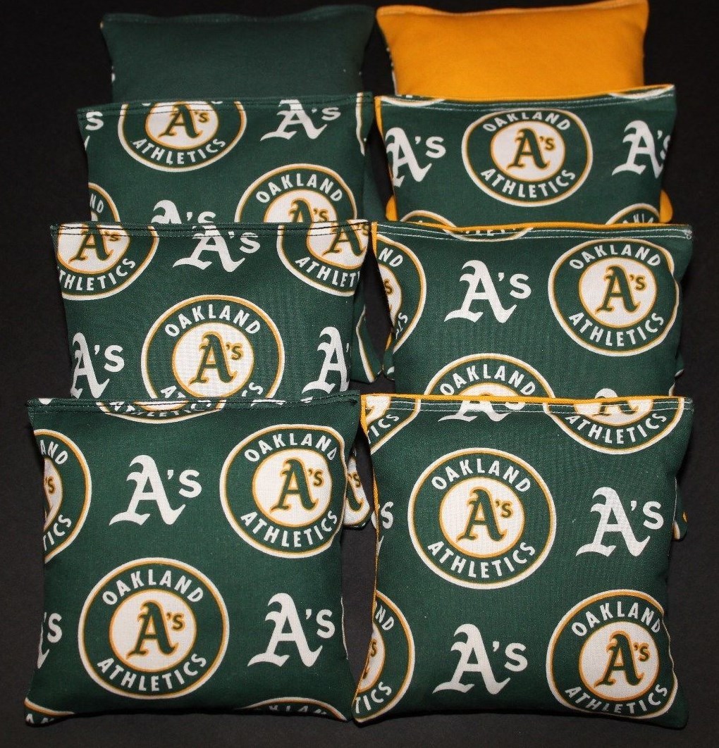 8 All Weather CORNHOLE BEANBAGS made w Oakland A's Fabric ACA Reg Bags