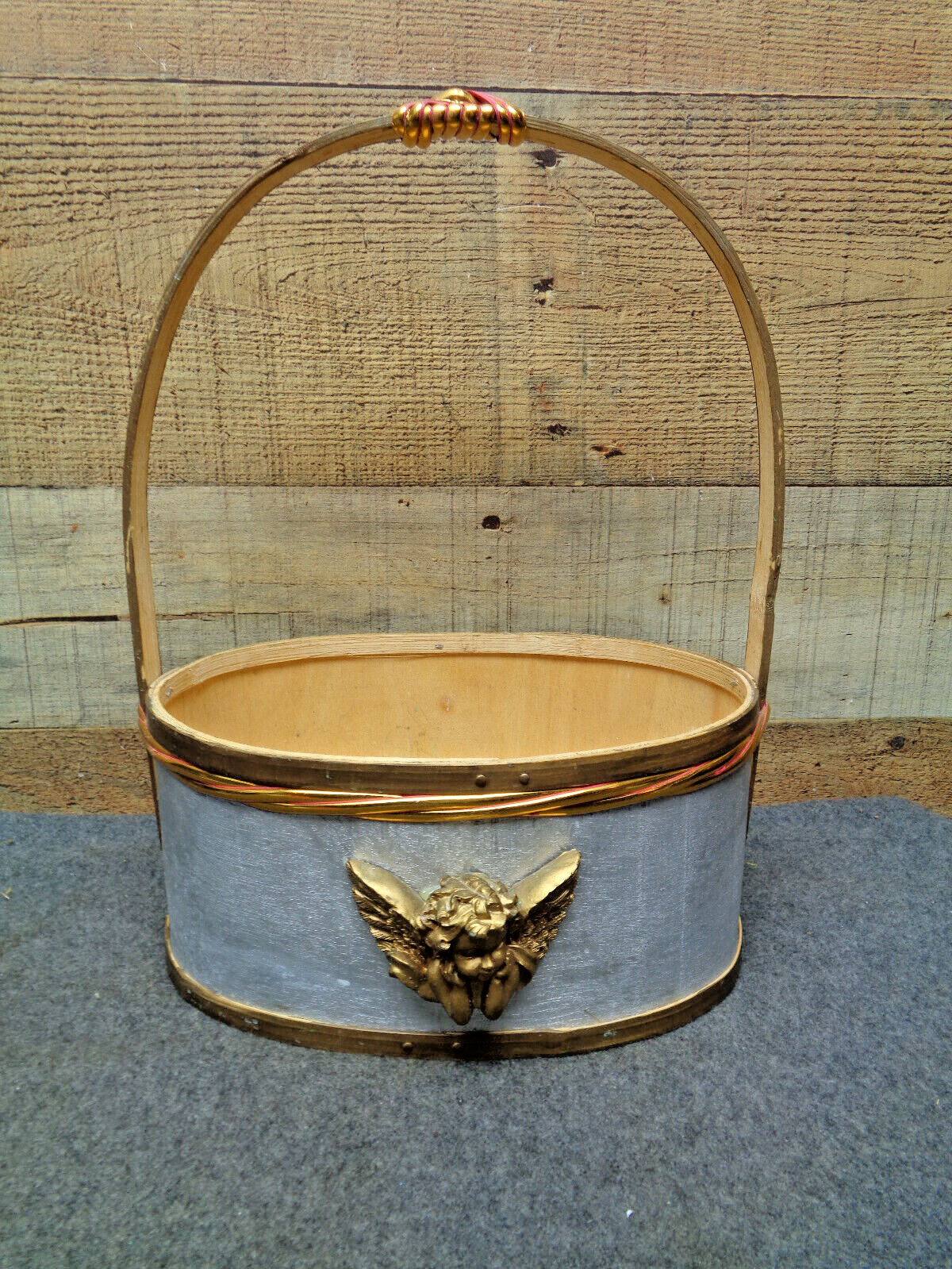 Wooden Basket w/Angel Cherub