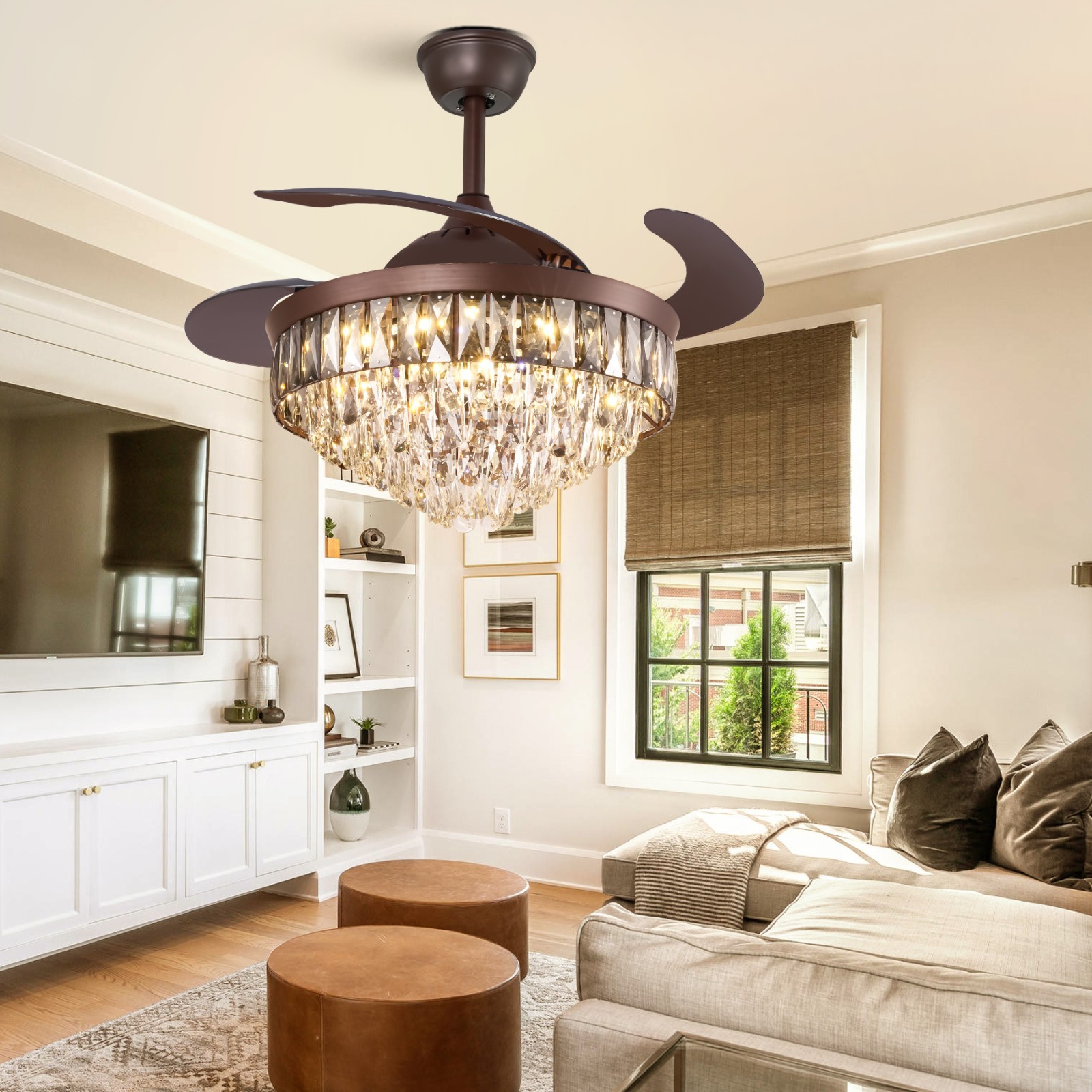 42" LED 3-Color Change Ceiling Fan Light Retractable Blades Crystal Chandelier