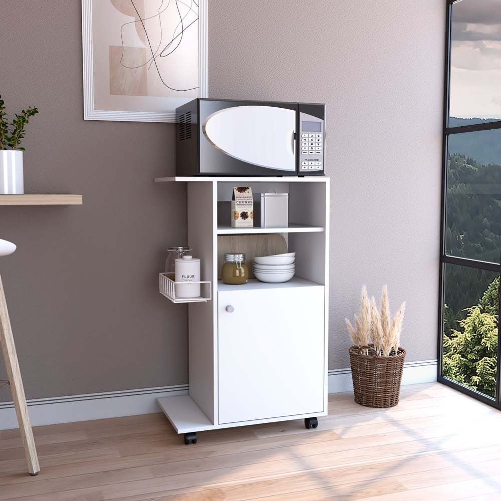 Modern Kitchen Cart 39 Inch Tall Single Door Cabinet 4 Wheels Side Shelf White