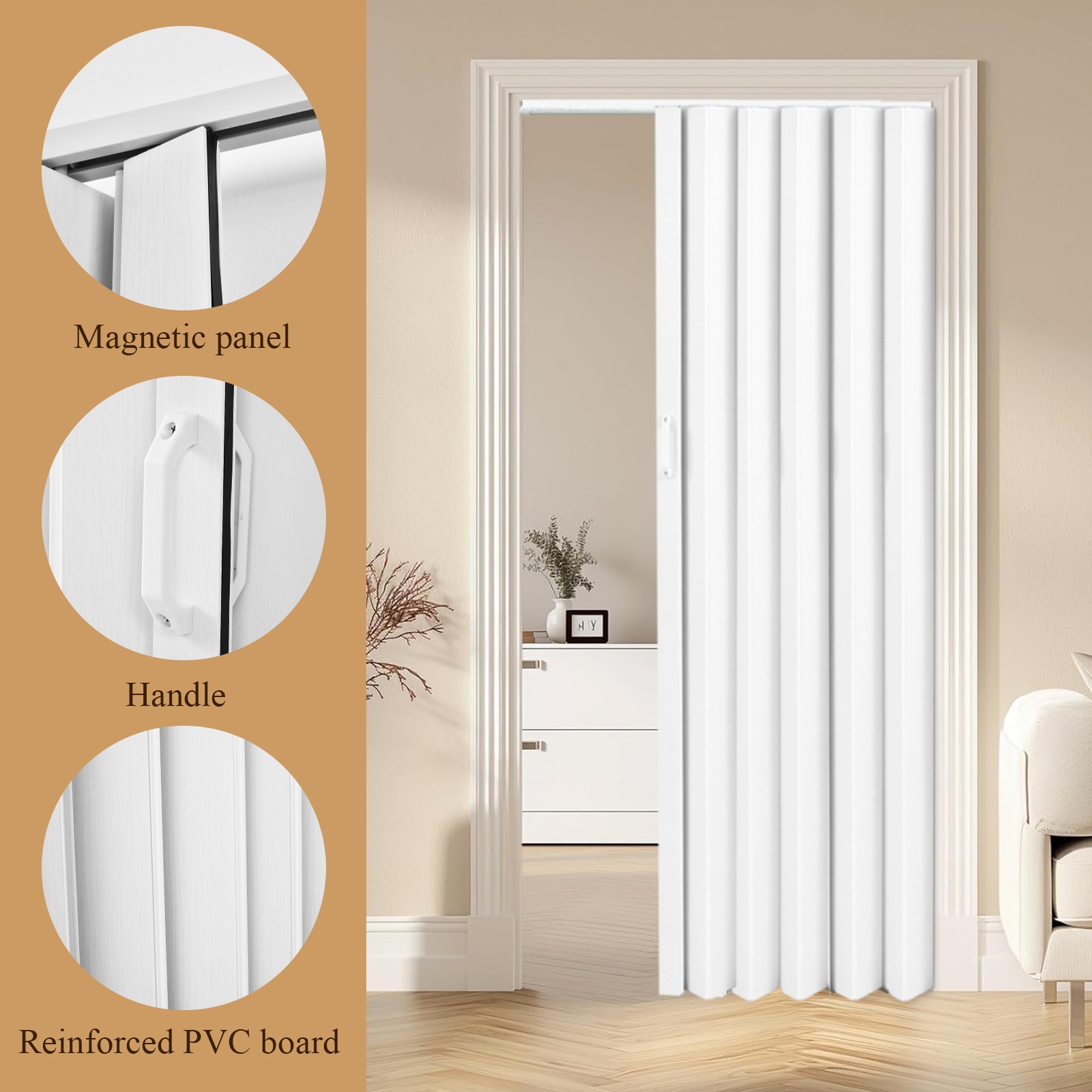 60X80in White PVC Accordion Door Interior, with Simple installation and Hardware