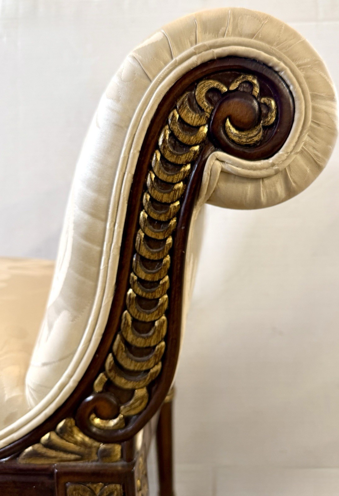 Magnificent Neoclassical Carved Mahogany and Gilt Scroll Arm Window Bench Seat