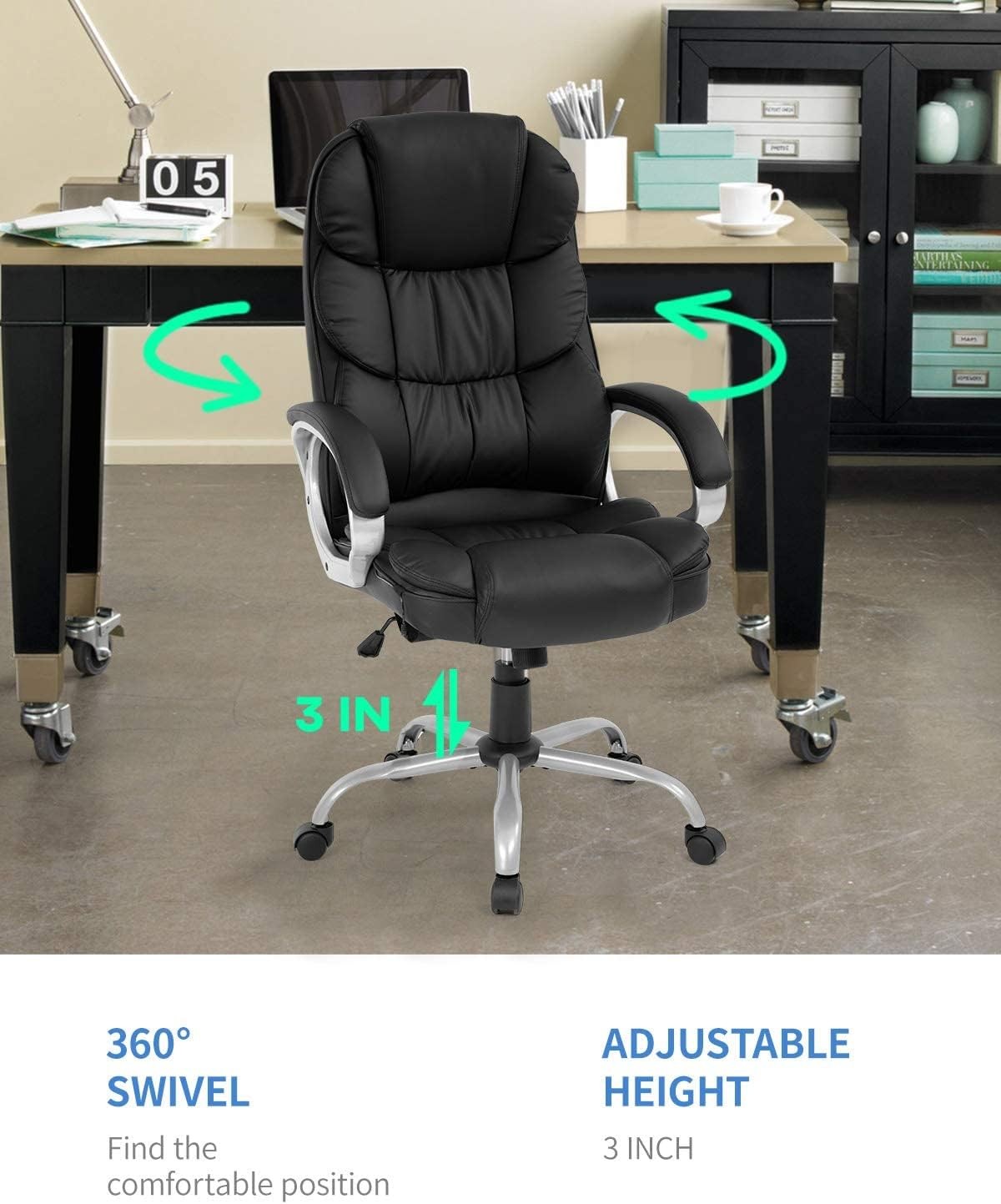 High Back Ergonomic Office Chair PU Leather Adjustable Swivel Task Chair Black