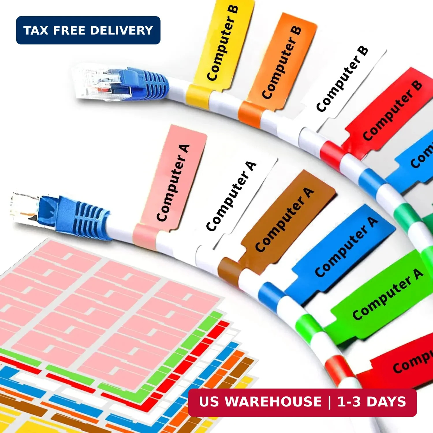 8 Sheet 240 Pcs Cable Labels for Management, Colorful Waterproof Cord Tags for E