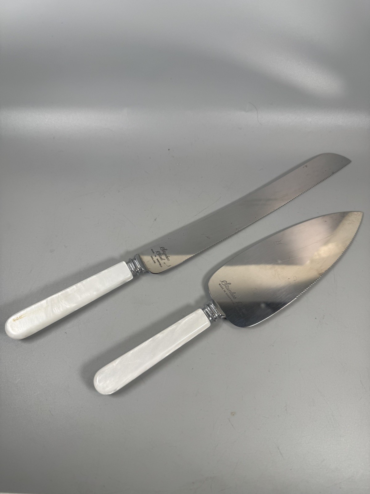 Sheffield England Cake Knife & Server Set, Plastic Pearl Handles, 12”