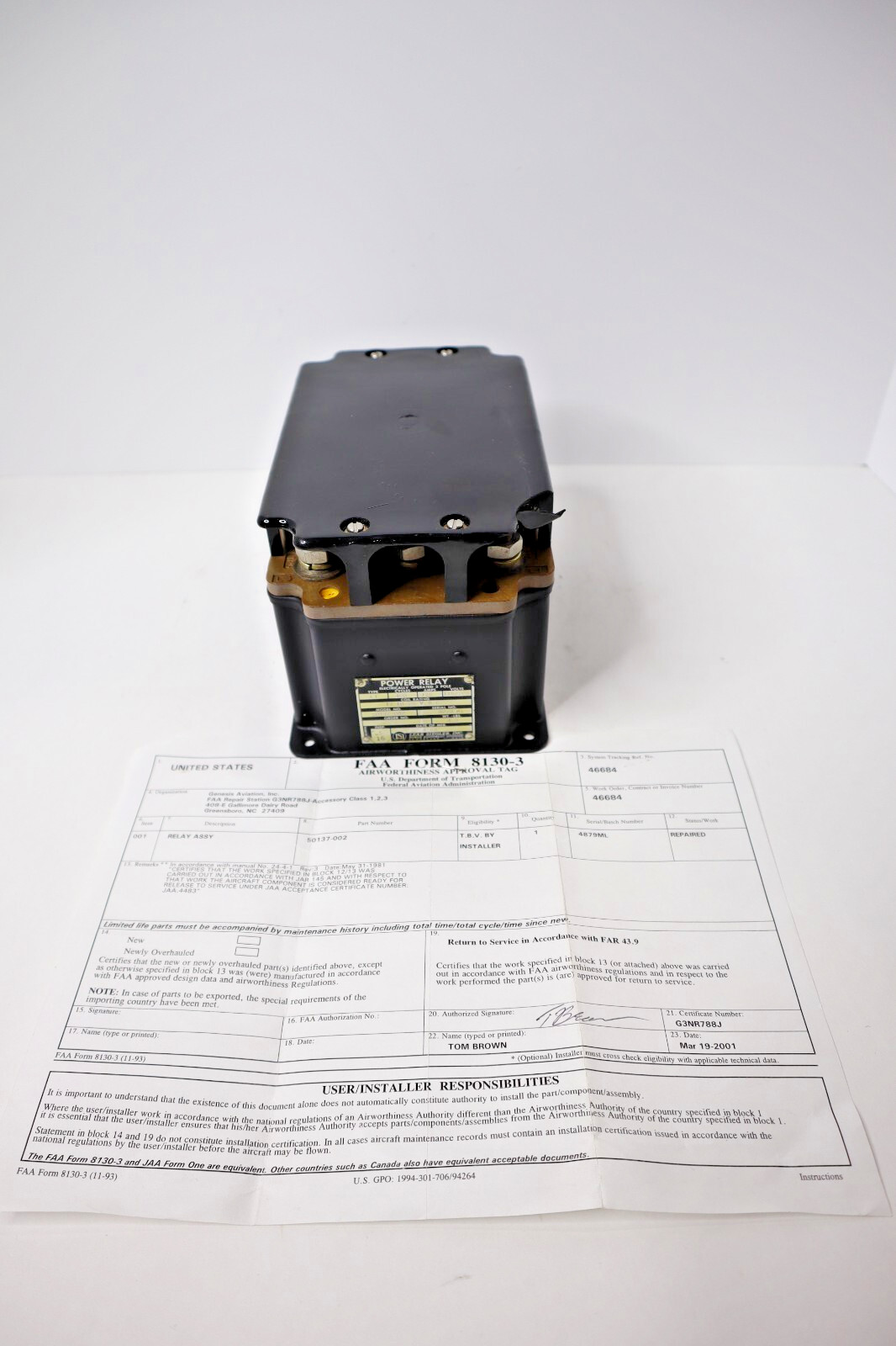 Lear Siegler Power Relay 50137-002 Repaired with FAA 8130-3 Form