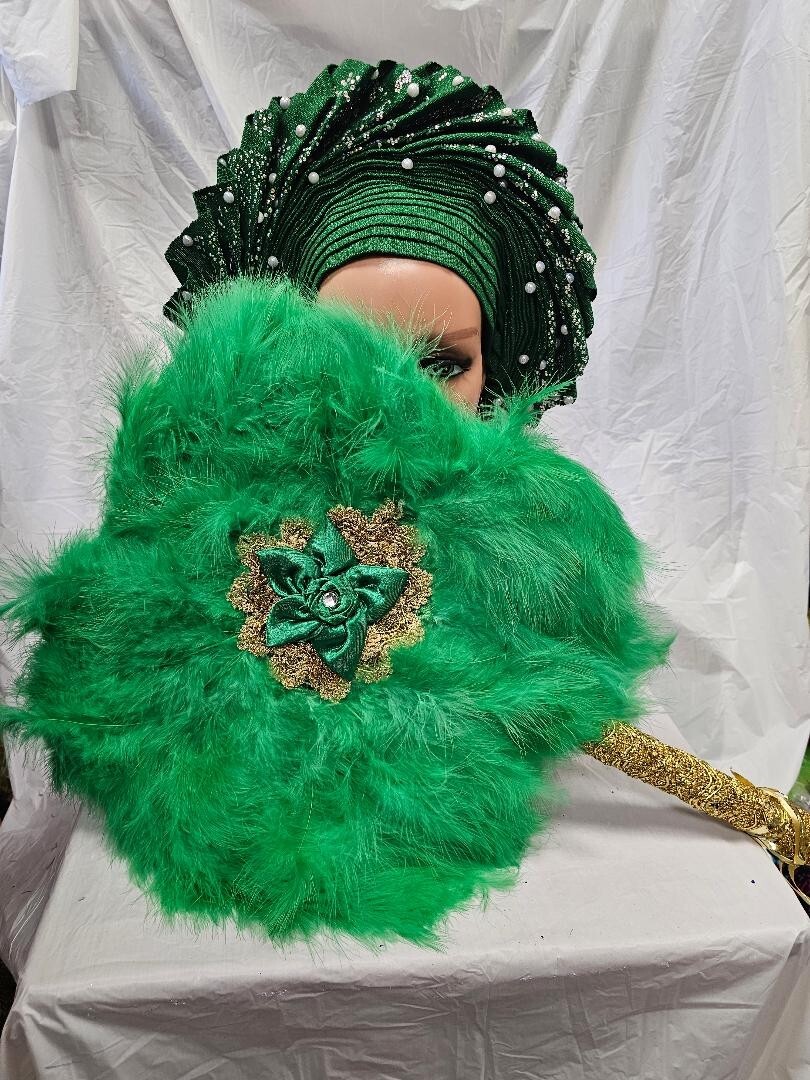 Nigeria Green African Bridal Feather Hand Fan with handle