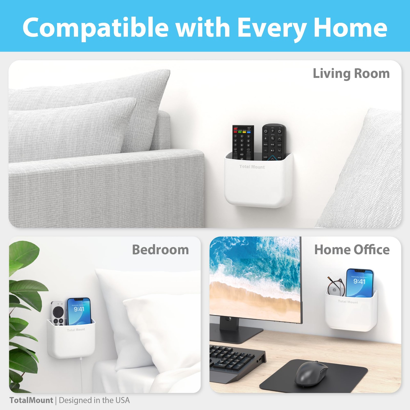 TotalMount Drop-Free Remote Holder – Removable Adhesive Strips – White