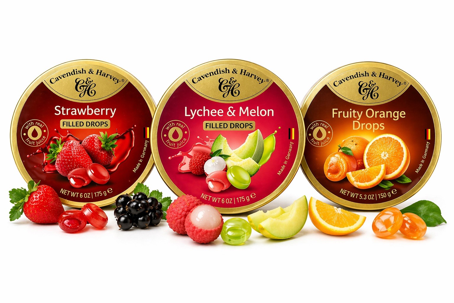3x Cavendish & Harvey Filled Drops Candy 3 Pack Strawberry Lychee & Melon Orange