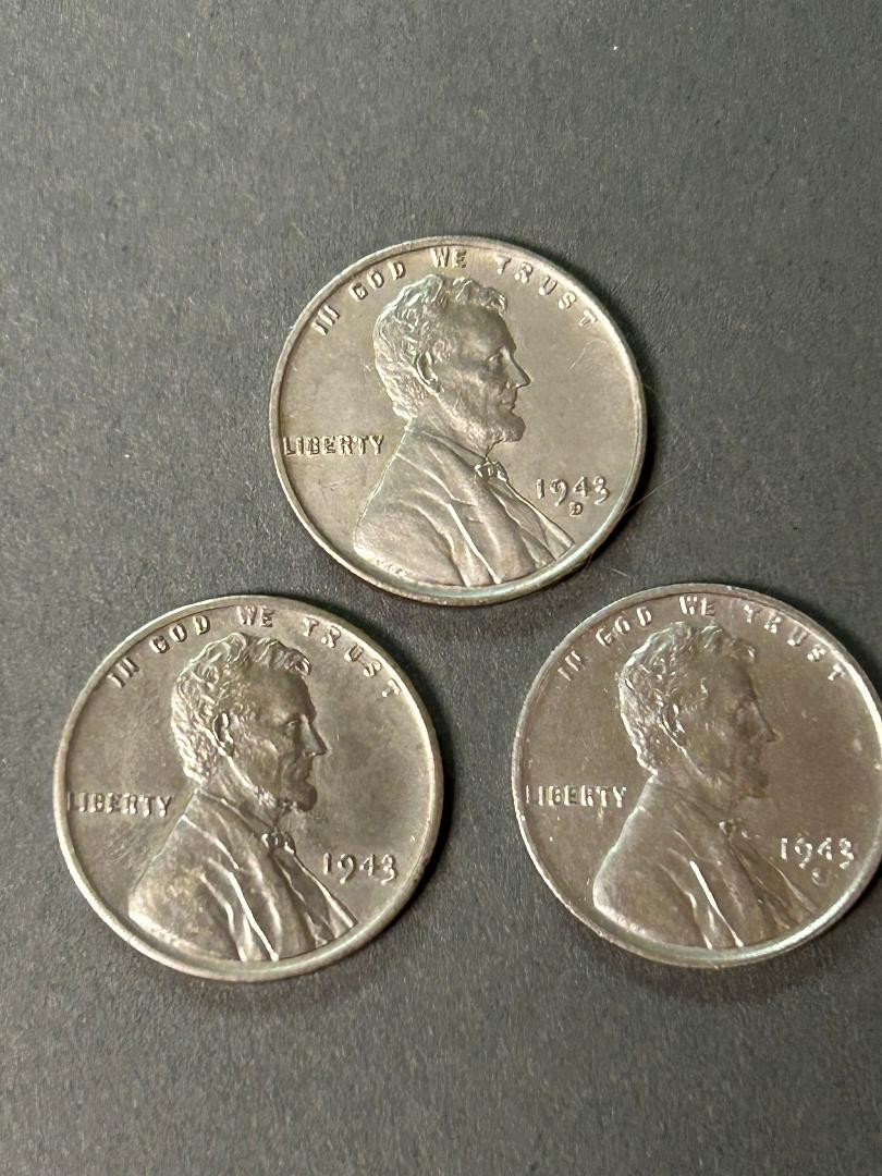 1943 P,D,S Lincoln Steel Cents - Excellent - Free Shipping