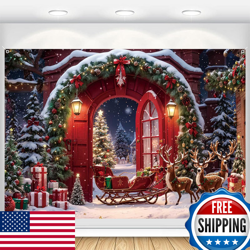 Eleouto Christmas Backdrop 10X8Ft Winter Forest North Pole Xmas Tree Reindeer