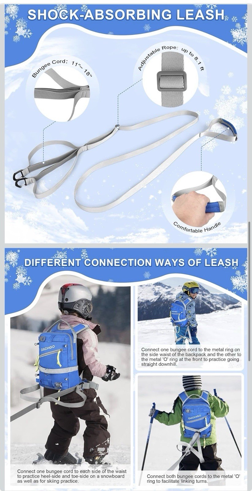 Ski and Snowboard Harness with Training Leash for Kids Blue