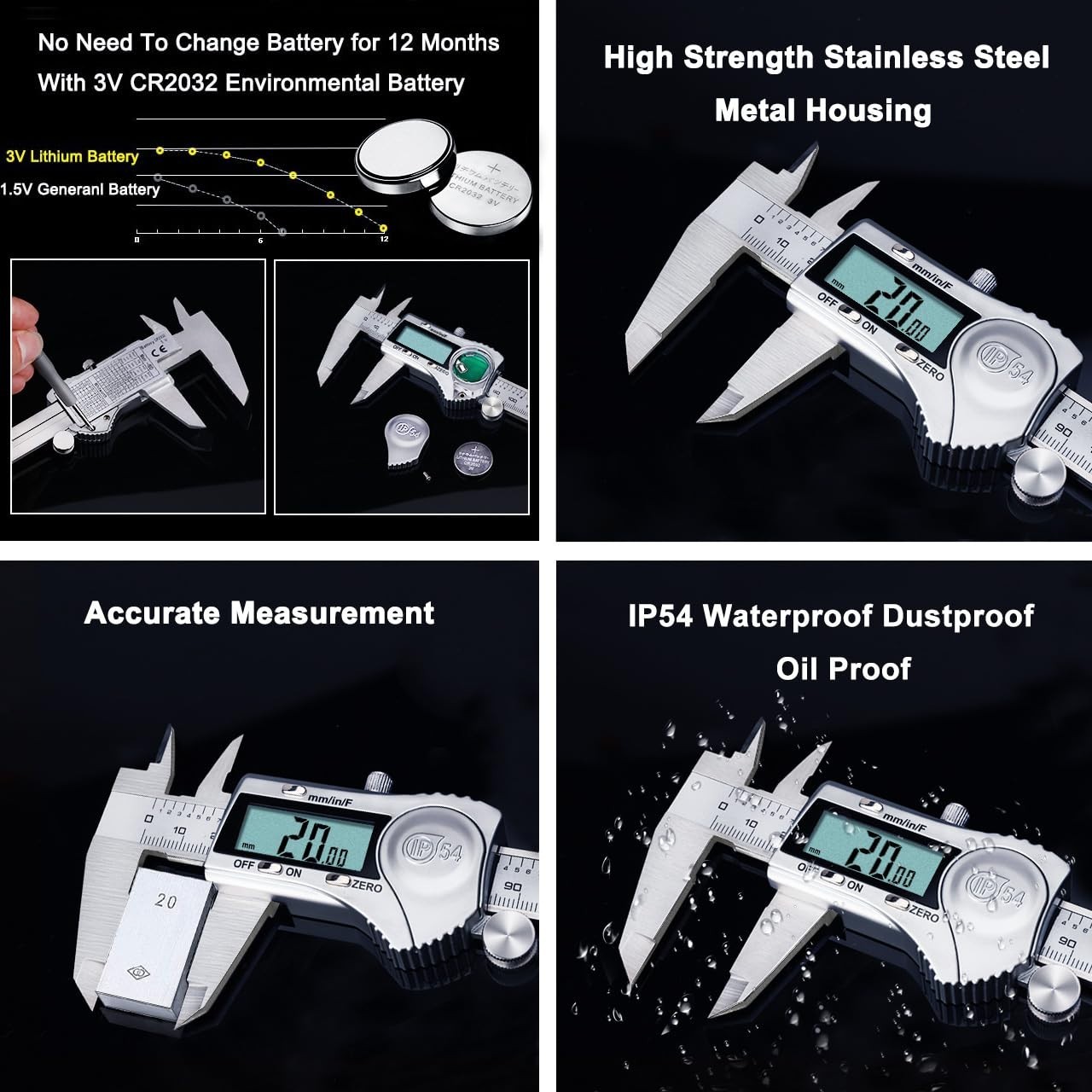 Accurate 6-Inch Digital Caliper Tool - Splash Proof, Large LCD & Versatile Use