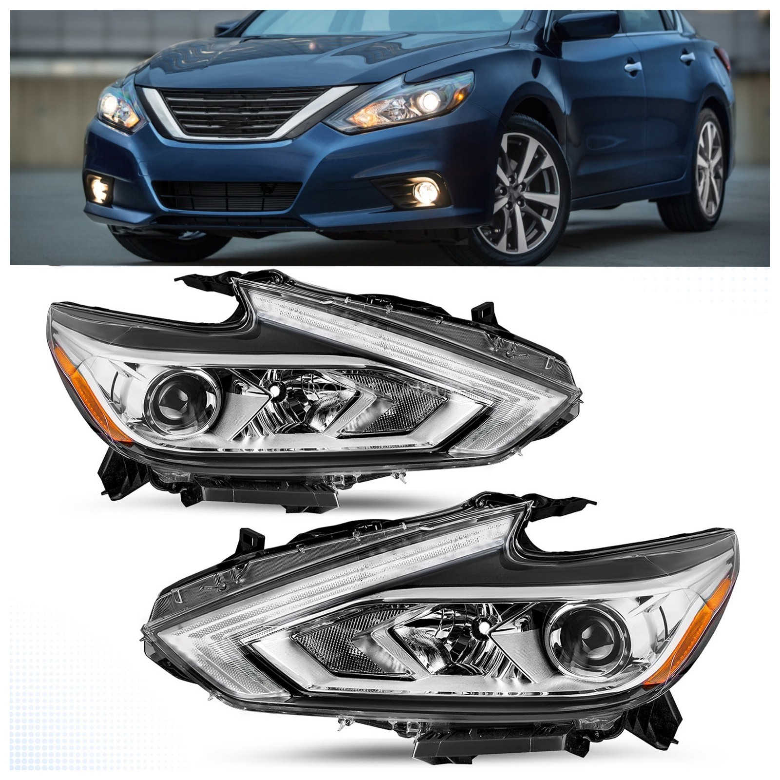 Halogen Headlight Headlamp Chrome Fit For Nissan Altima 2016-2018 LH & RH
