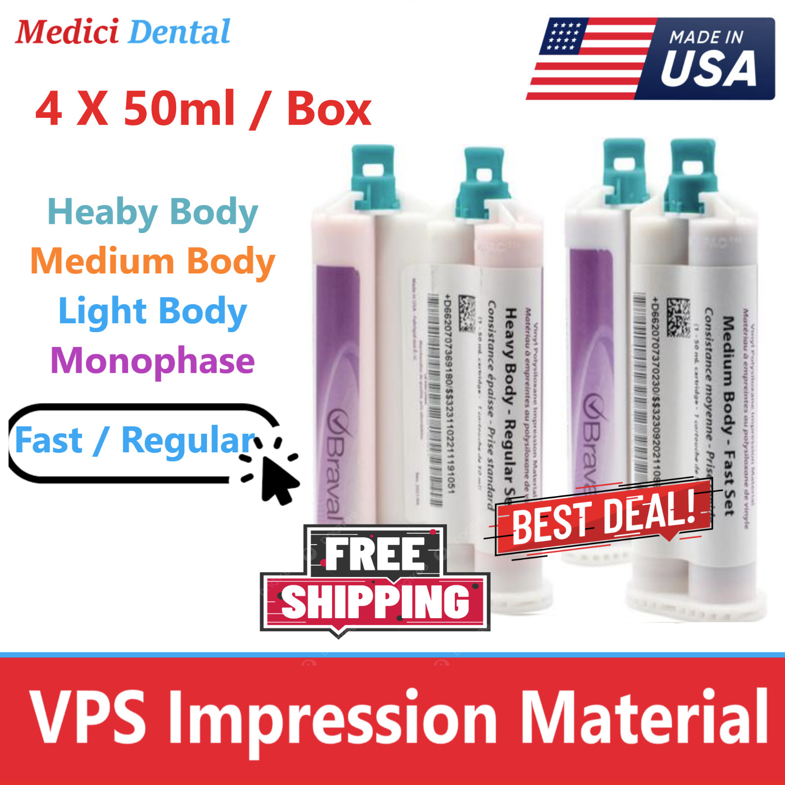 4/Box, AMGoods Heavy Body Fast Set Impression Material VPS Dental PVS 50ml USA