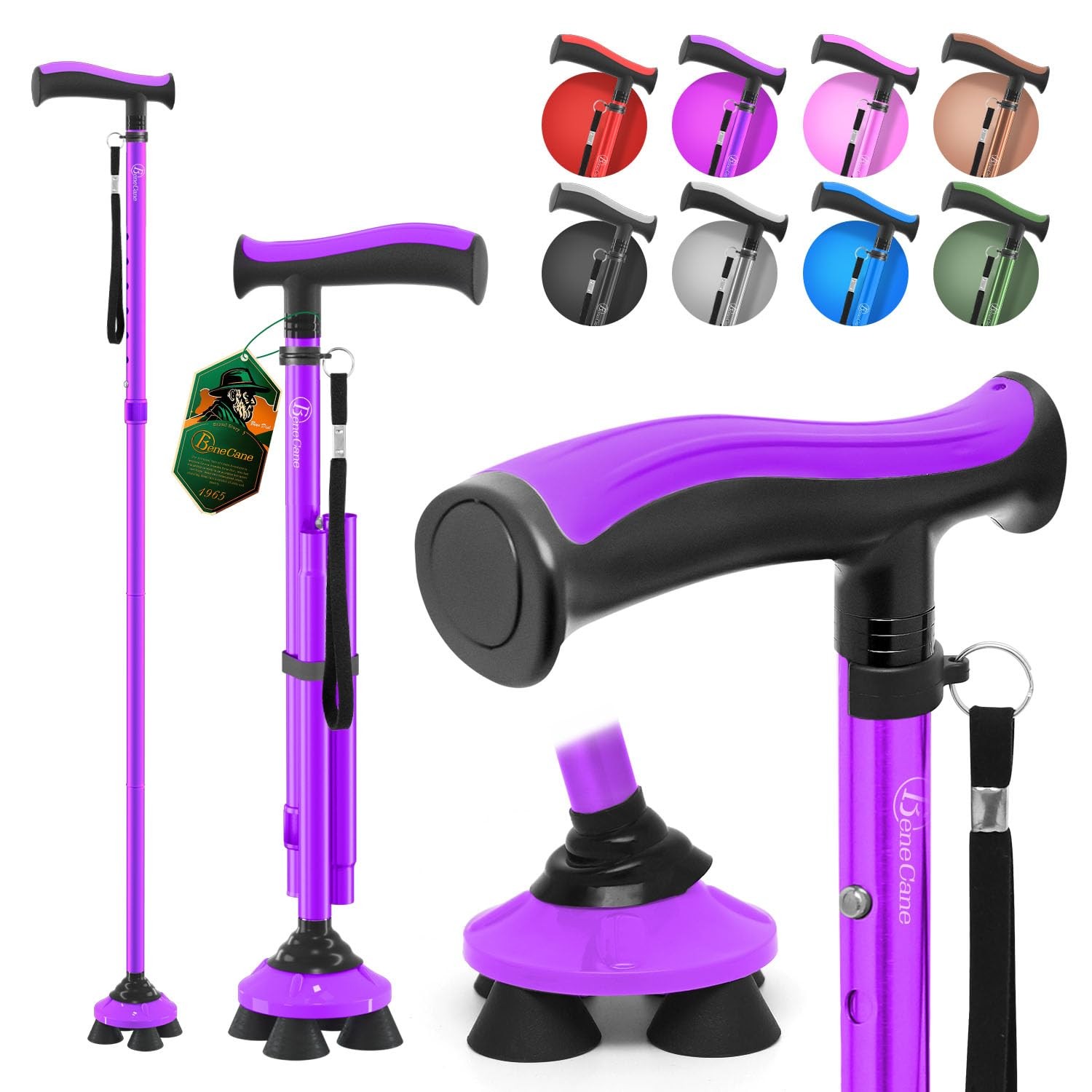 Folding Quad Walking Cane Men Women Adjustable Lightweight Sturdy Travel Bag