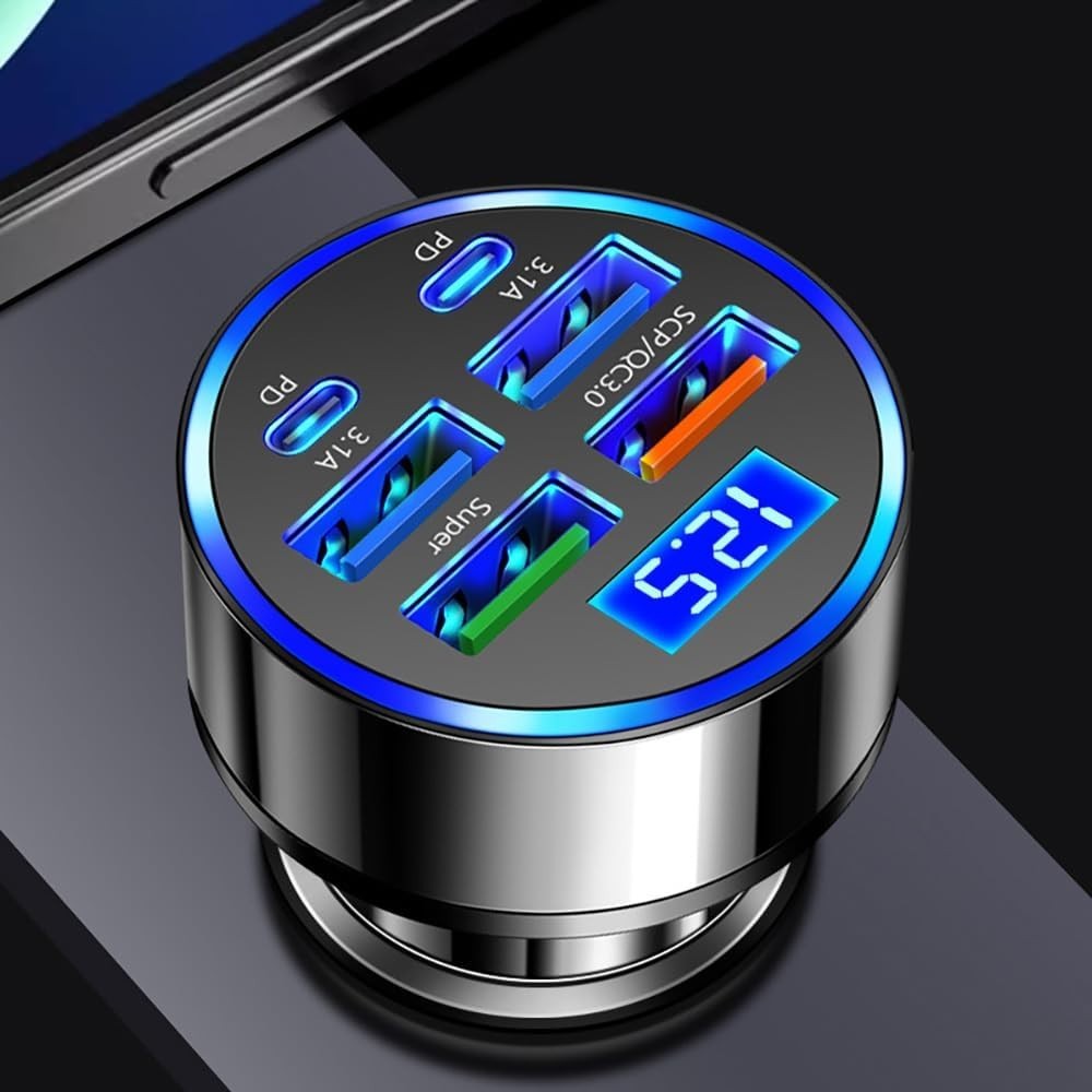 6-in-1 Multi-Port Adapter Car Charger with Display USB 3.0/3.1A Fast Charging