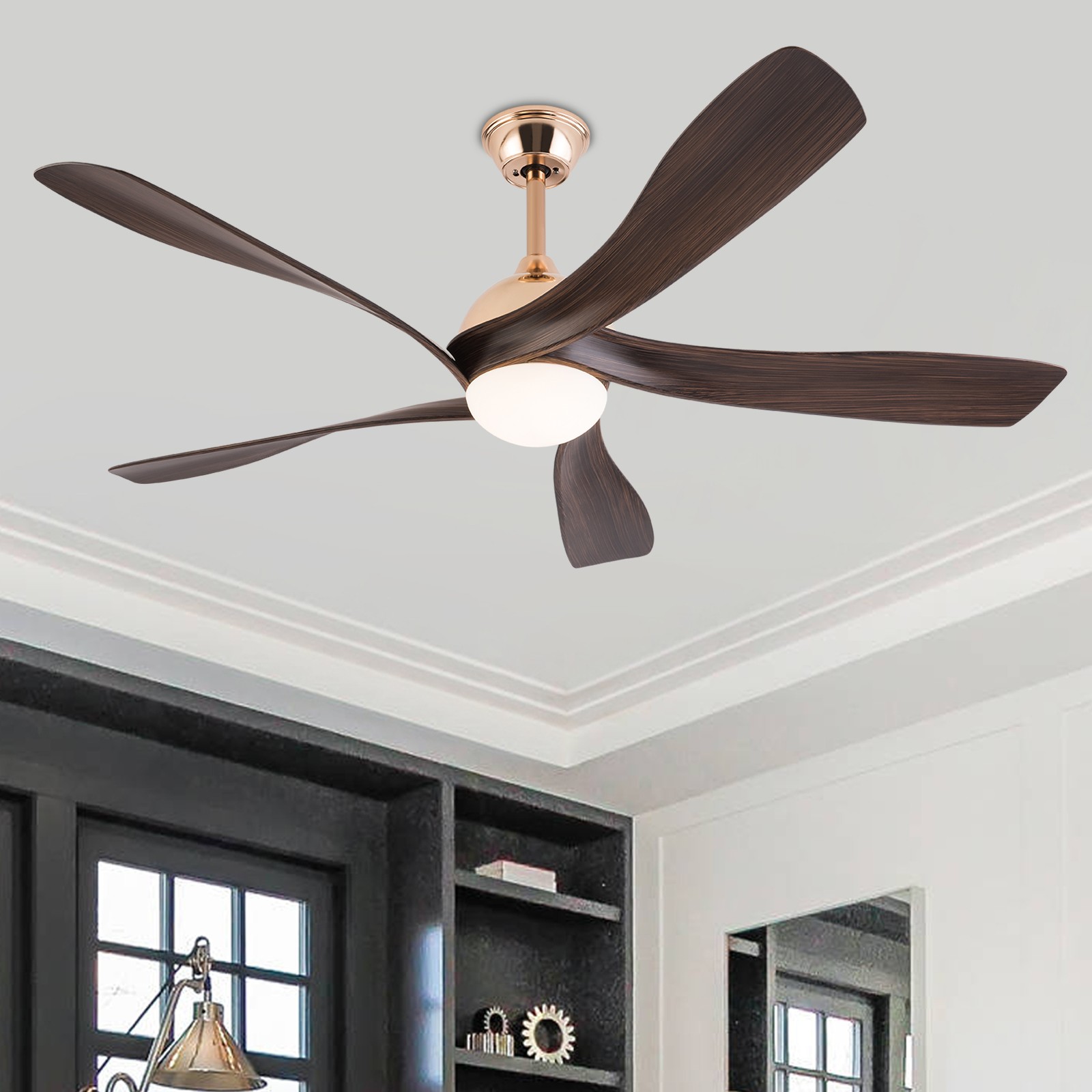 52 Inch Gold & Brown Ceiling Fan with Light LED Dimmable Chandelier Fan w/Remote