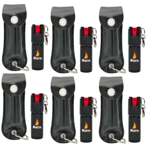 BURN Pepper Spray 1/2oz Self Defense Keychain Security Holster Case Black 6 PACK