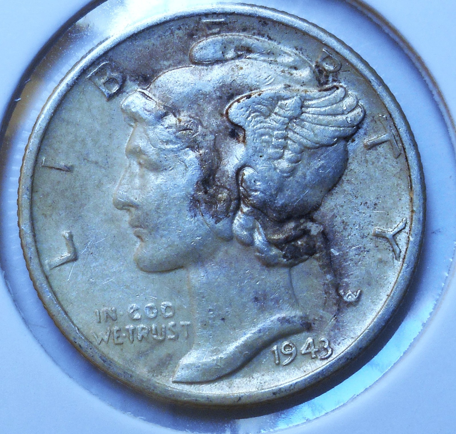 1943 . Mercury Dime . AU . Almost Uncirculated . Silver .