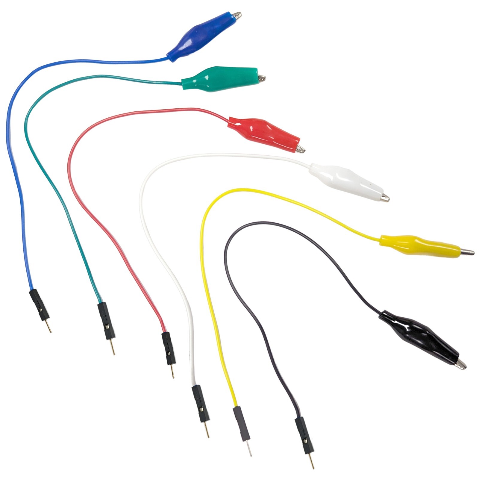 Set of 6 Different Color Alligator Clip to Male Jumper Pin Test Leads, 8" Length