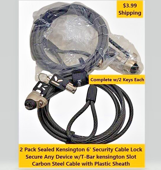 New 2 Pack Kensington T-Bar Security Cable Lock TV Laptops Monitors Projectors