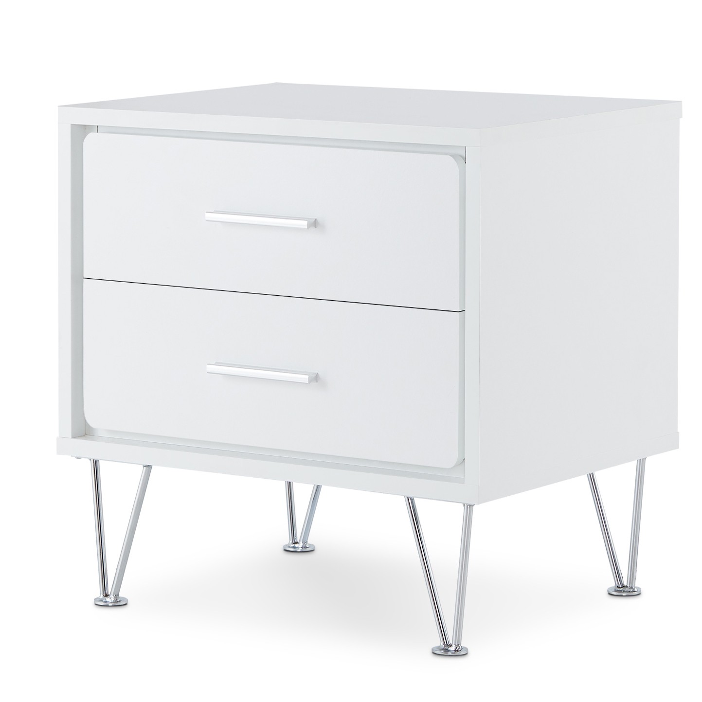 The modern white two-drawer table emphasizes medium-density fiberboard