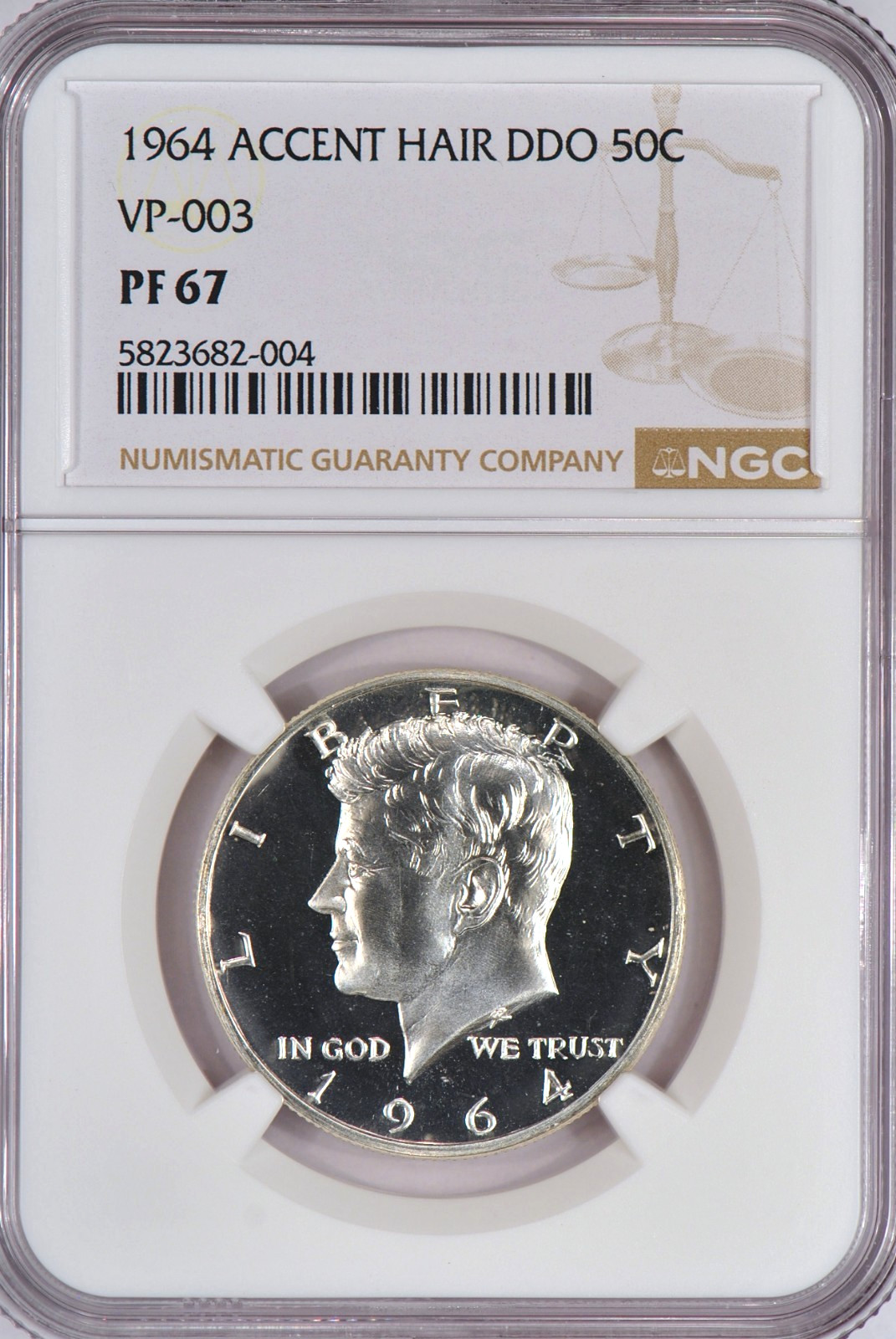 1964 Accent Hair Kennedy Half Dollar Proof DDO VP-003 NGC PF 67 PR Variety Coin