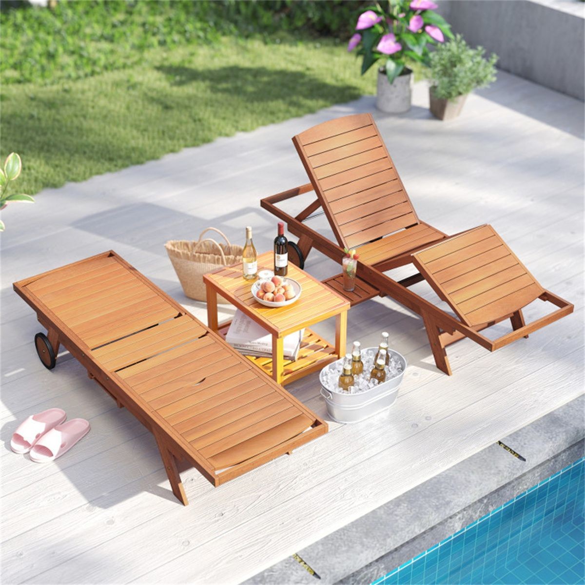 Solid Wood Outdoor Chaise Lounge, 4-Position Adjustable Backrest with Extendable