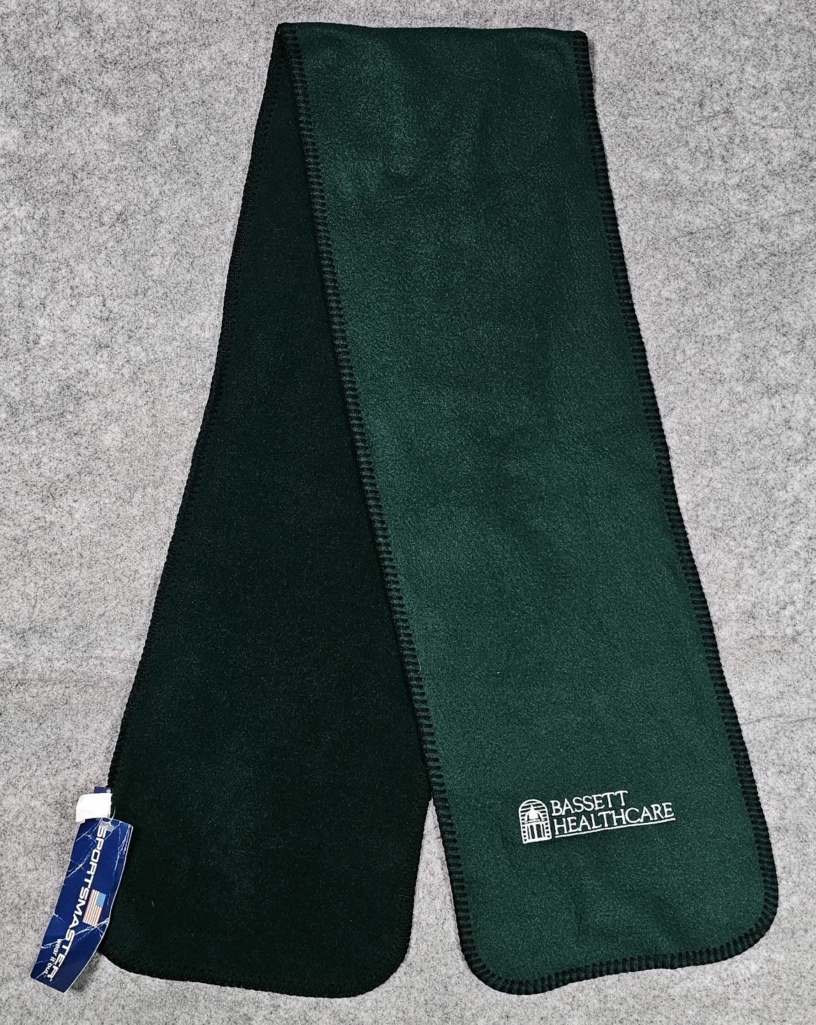 NWT Bassett Healthcare Scarf Adult Green Embroidered 10"x60" Polyester