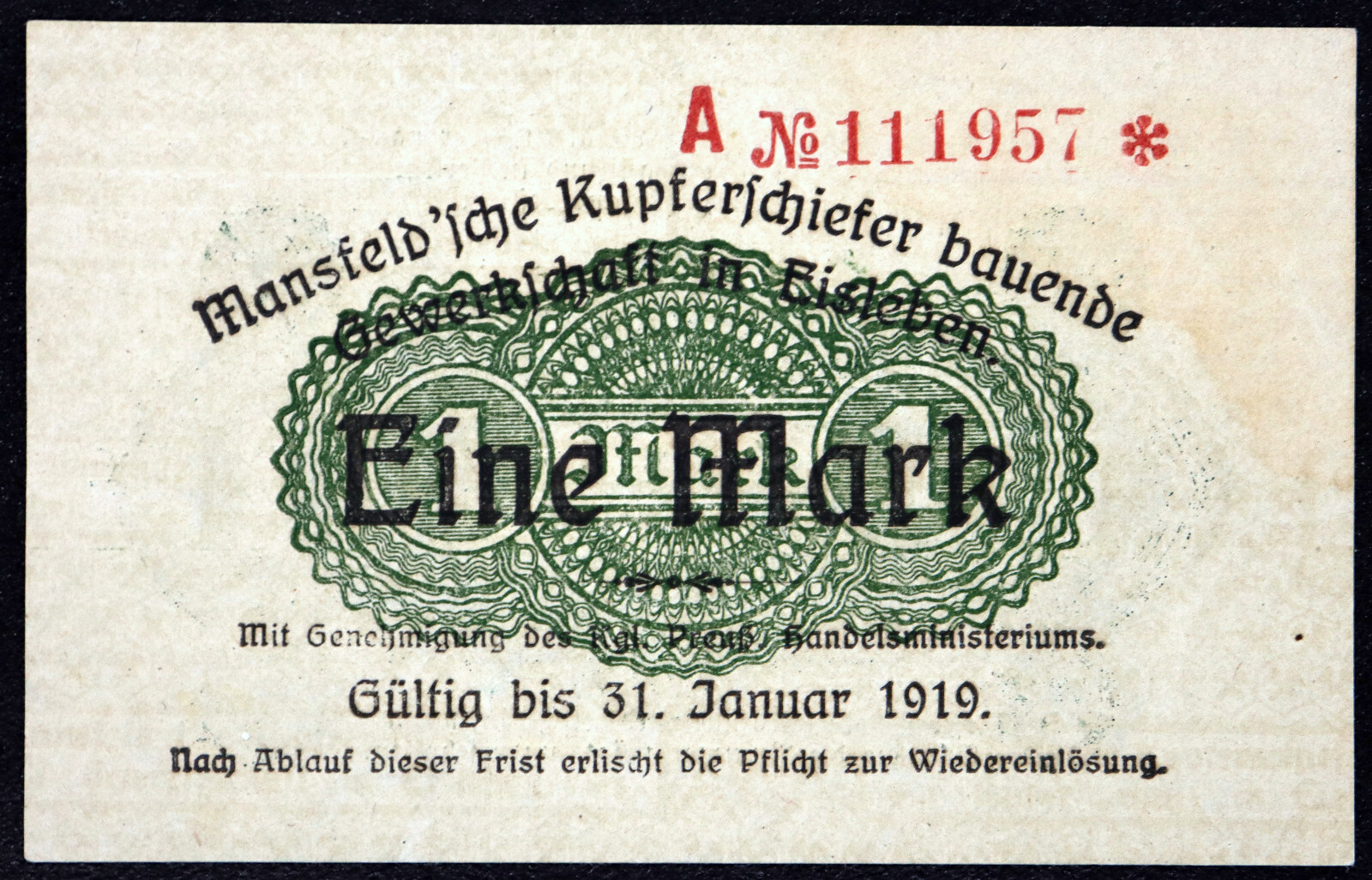 EISLEBEN 1918 "Mansfeld Copper Shale" 1 Mark Grossnotgeld German Notgeld