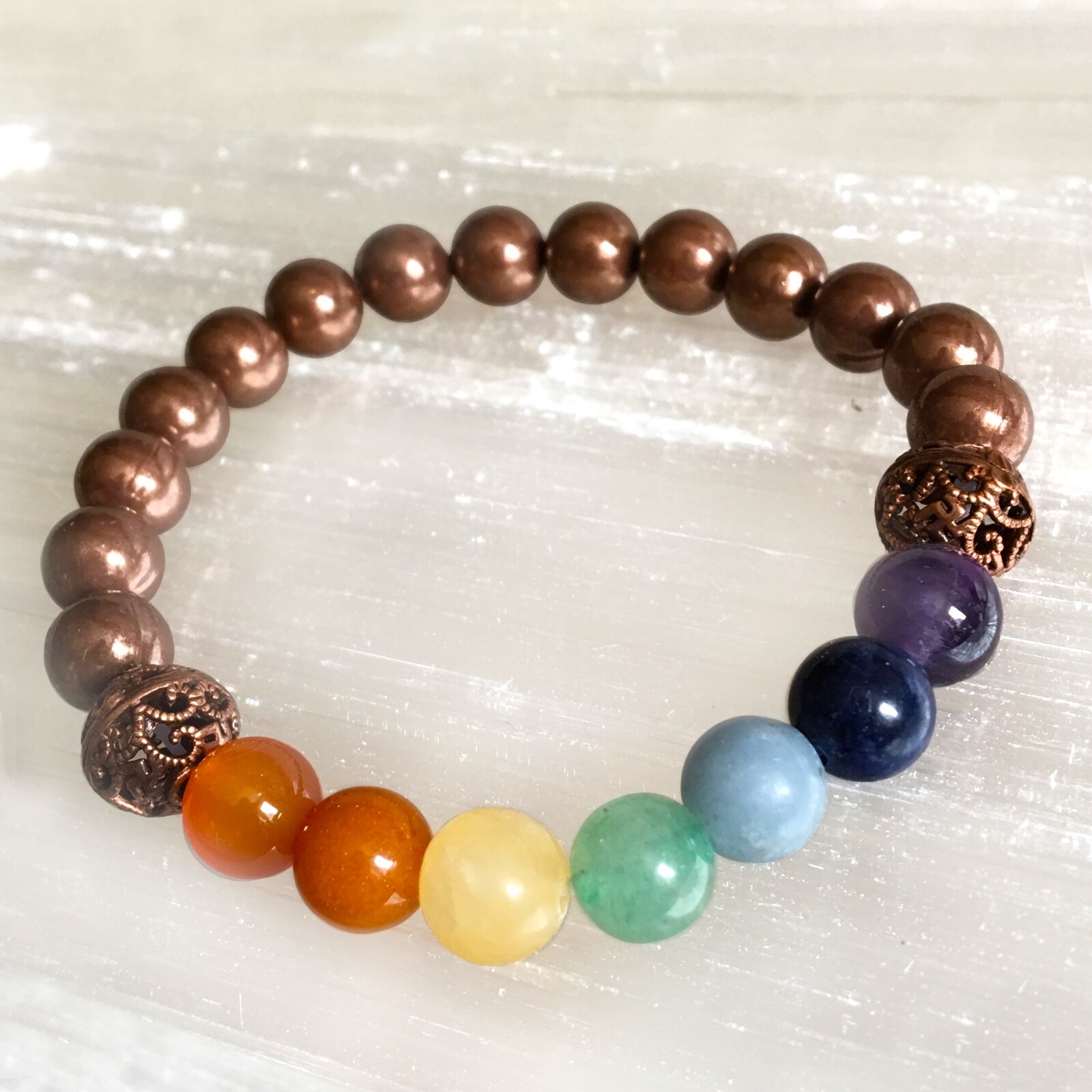 Copper 7 Chakra Crystal Bracelet Adjustable Stretchy 8 mm Beaded Gemstone Healin