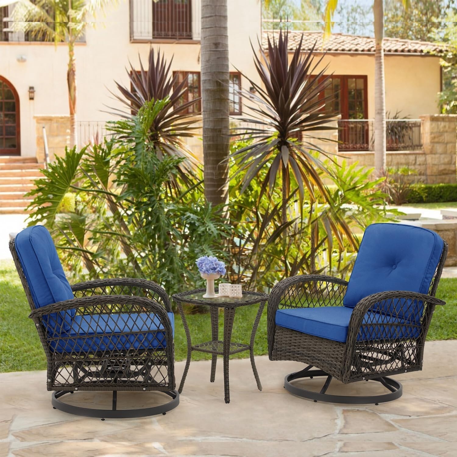 Rattan Conversation 3 Pc Furniture Set Patio BLUE Chairs All Weather Outdoor