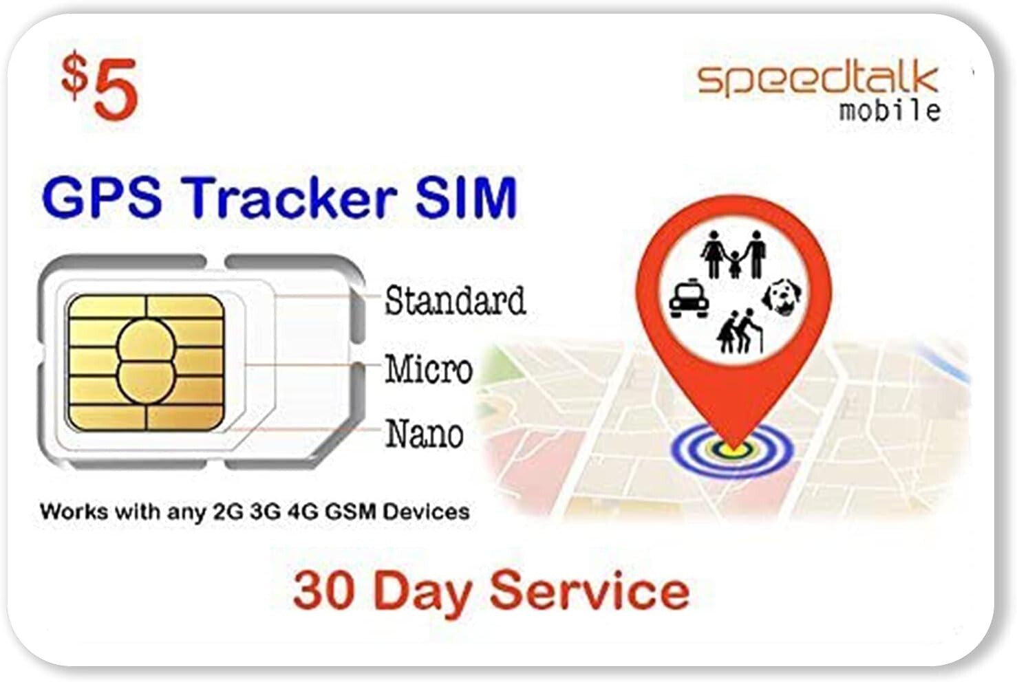SpeedTalk $5 Prepaid SIM Card 5G 4G LTE GPS Tracker Pets Kids Seniors Car 30-Day