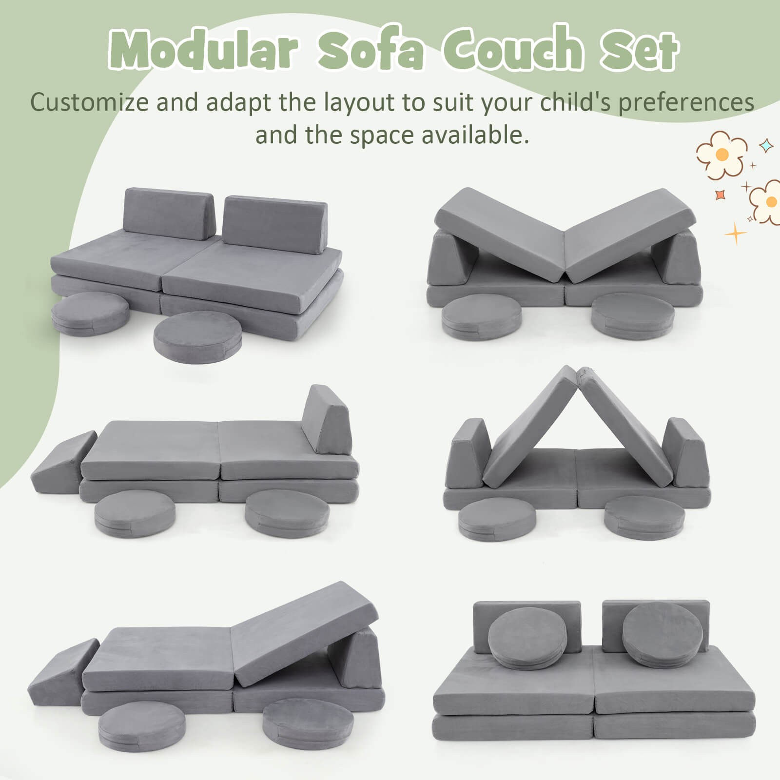 6PCS Modular Kids Foam Play Couch Set w/Washable Covers Sectional Play Sofa