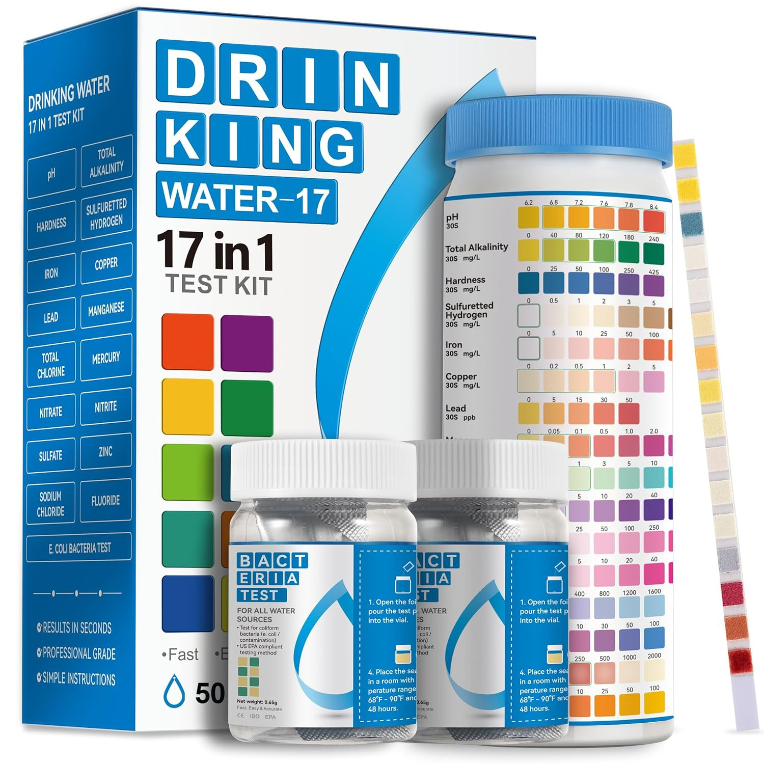 Aawipes Drinking Water Test Strips 17 in 1 50 Strips + 2 Bacteria Tester Kits, C