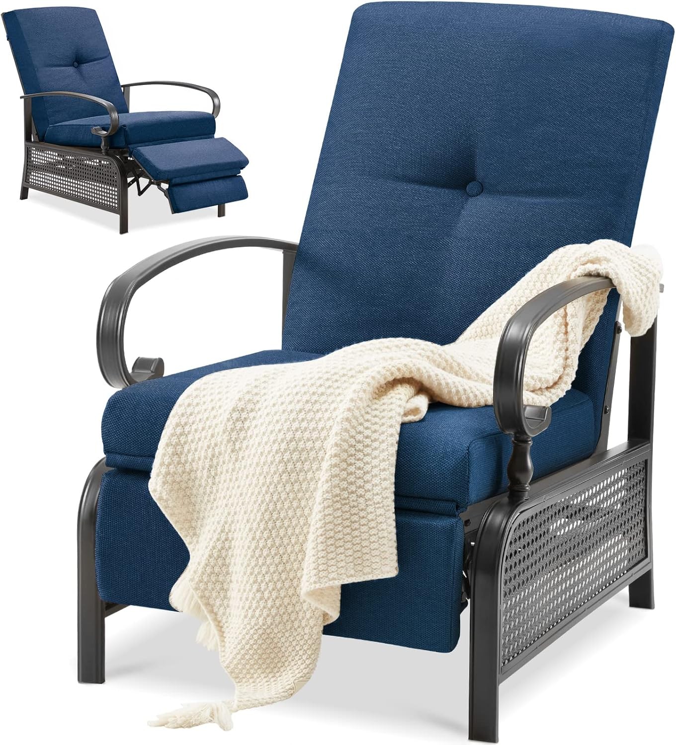 Outdoor Recliner Chair Adjustable Patio Lounge Pool Chair Navy Blue Cushion