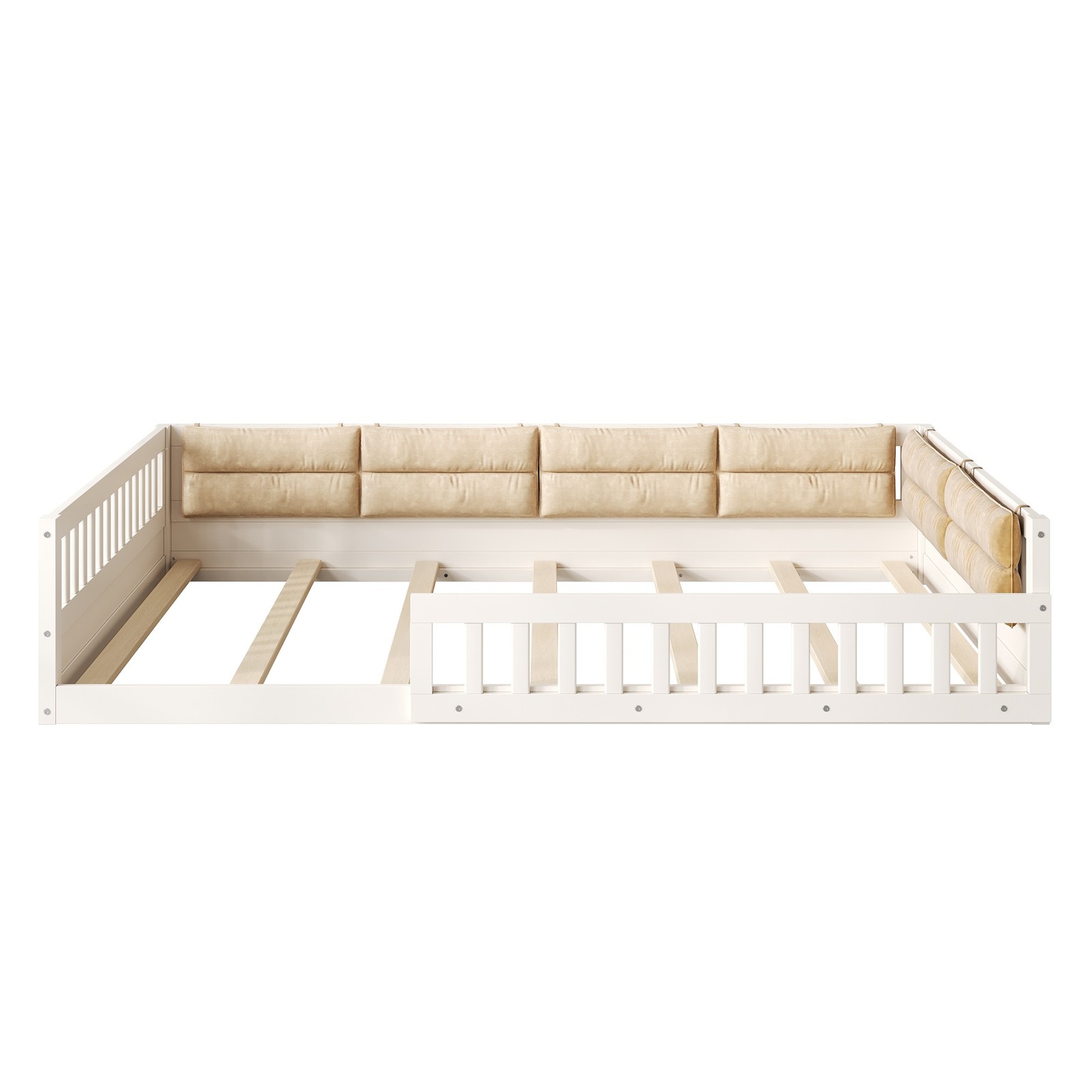 Full Size Upholstered Platform Bed with Guardrail & Pillow, Beige