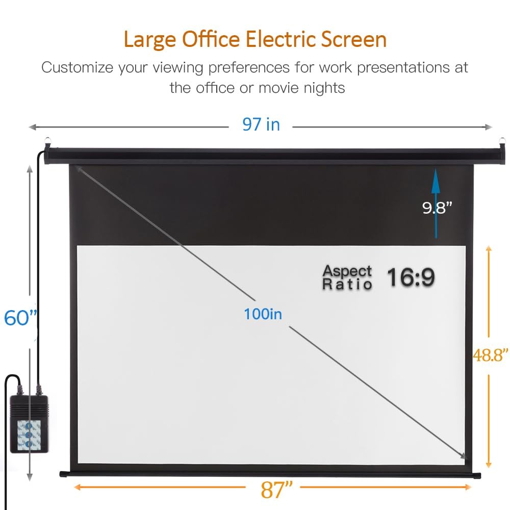Motorized Projector Screen with Remote Control, 100 inch 16:9 HD Diagonal