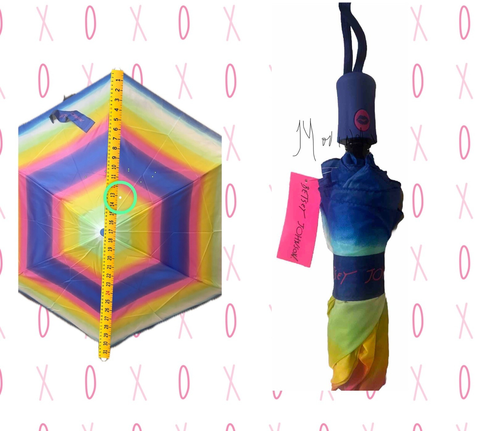 Betsey Johnson  Design Multicolored Blue Handle Auto Open Umbrella NWT Umbrella
