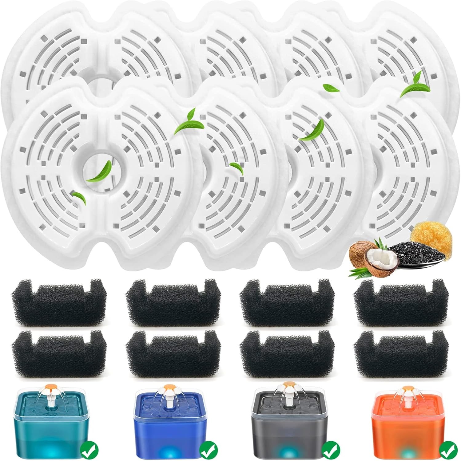 8 Pack - Cat - Water - Fountain - Filters with 8 Sponges, Replacement Filters